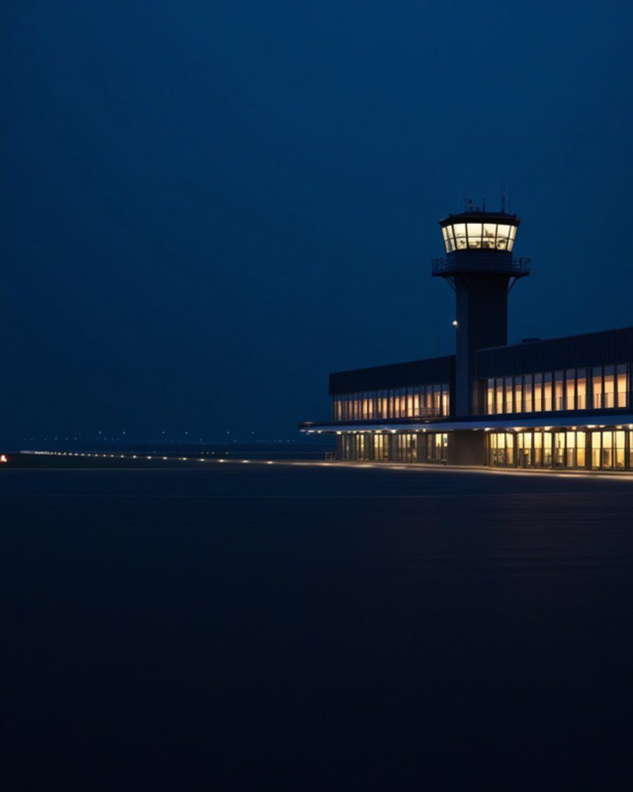 Tour de contrôle et terminal de l’aéroport de Lille-Lesquin la nuit