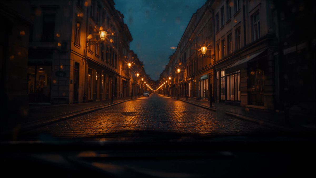 Rue pavée éclairée la nuit vue depuis la voiture — trajets privés en taxi à Lille